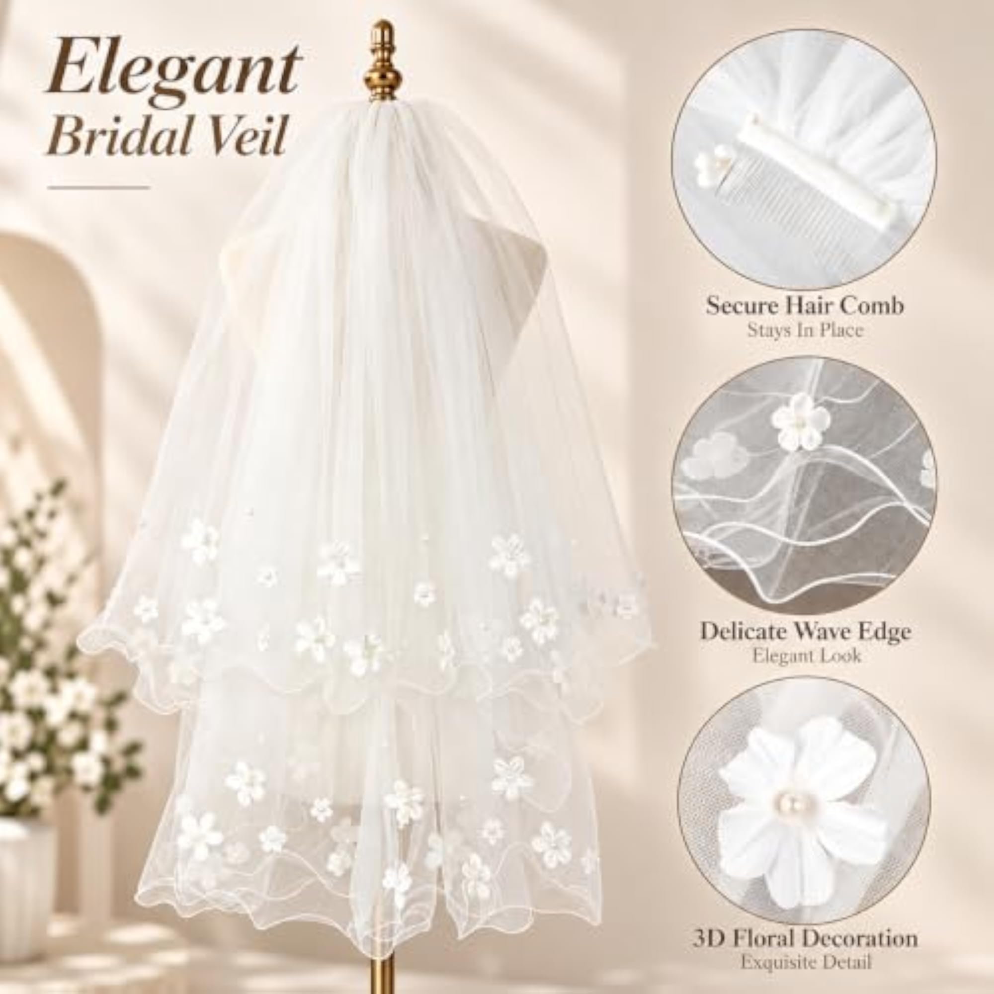 3D Floral Wave Edge Bridal Veil Double Layer Nuptial Headpiece